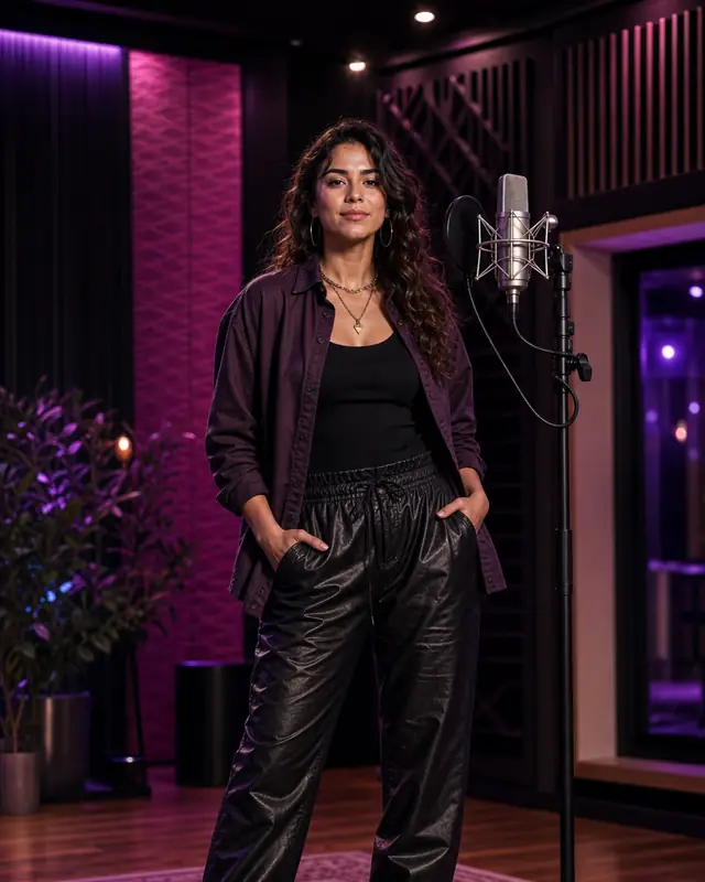 Commercial portrait of a music creator in a vocal studio for Mubert Add Vocals