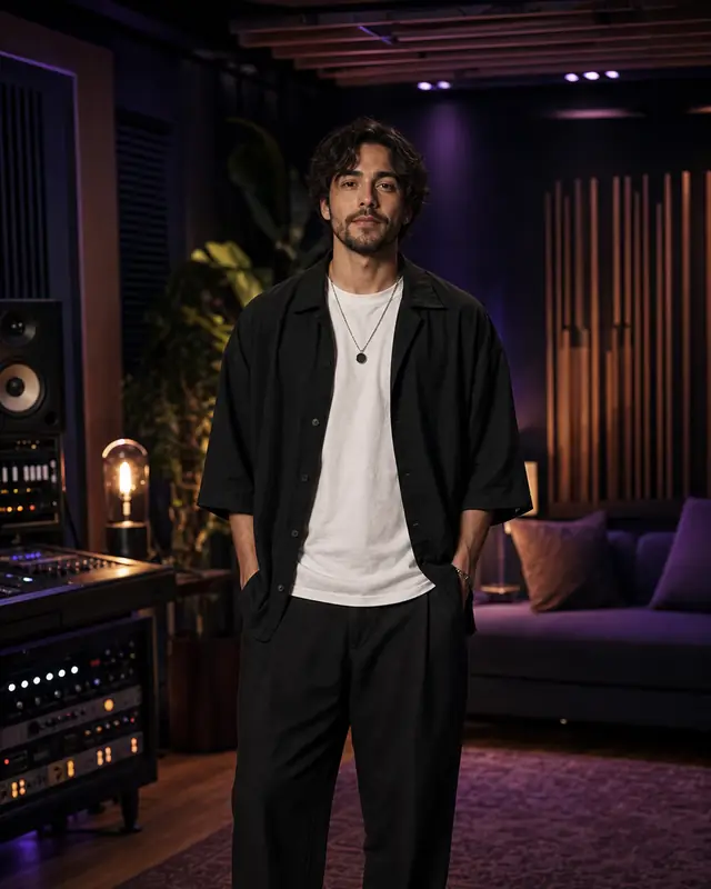 Commercial portrait of a music creator in an audio studio for Mubert AI Music Extender