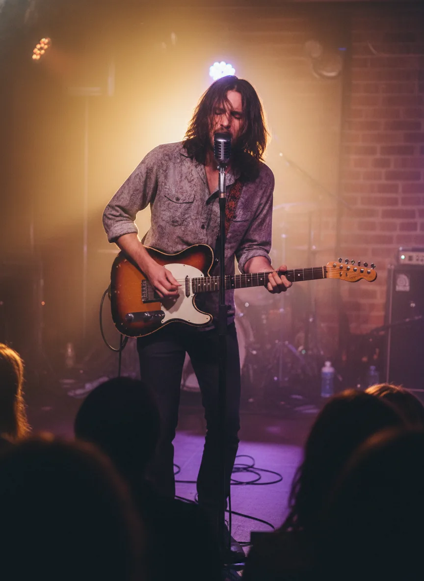 Instrumental musician performing with stage lighting